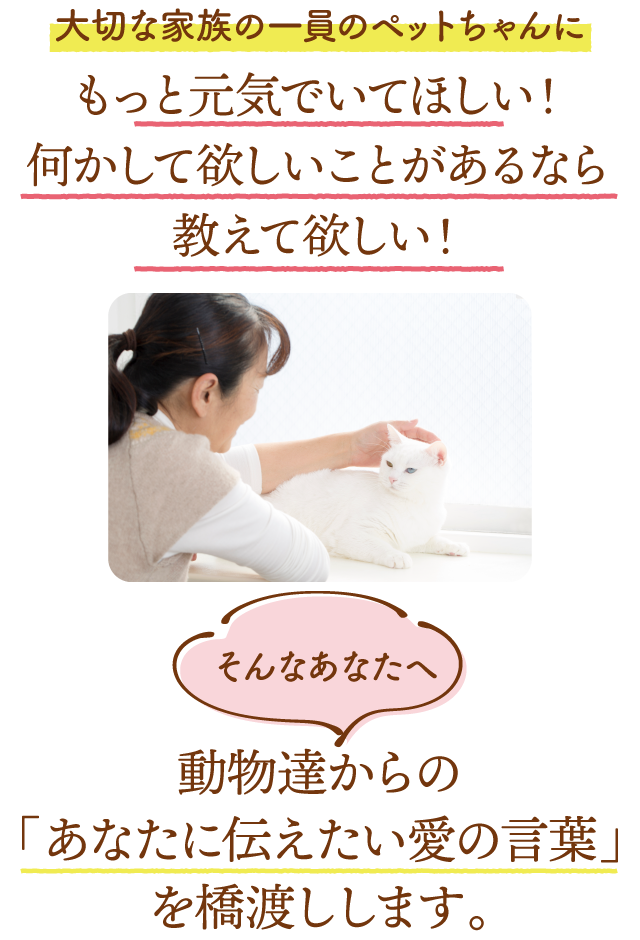 大切な家族の一員のペットちゃんにもっと元気でいてほしい！
	何かして欲しいことがあるなら教えて欲しい！